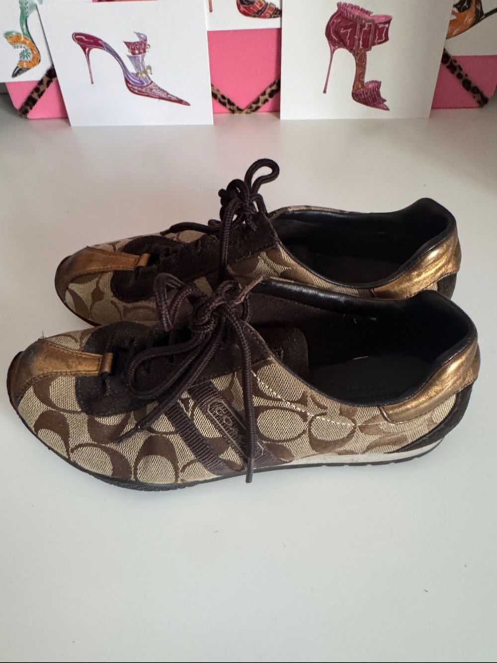 Coach Brown Signature Canvas Sneakers with Metallic Bronze Toe - Picture 2 of 4